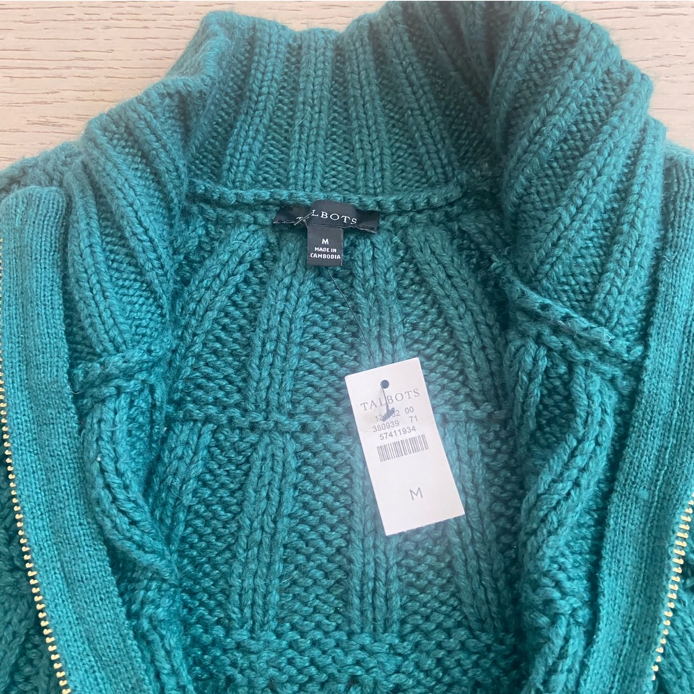 Talbots Green Zip Cardigan Medium Cotton Blend Lightweight NWT - Picture 4 of 8